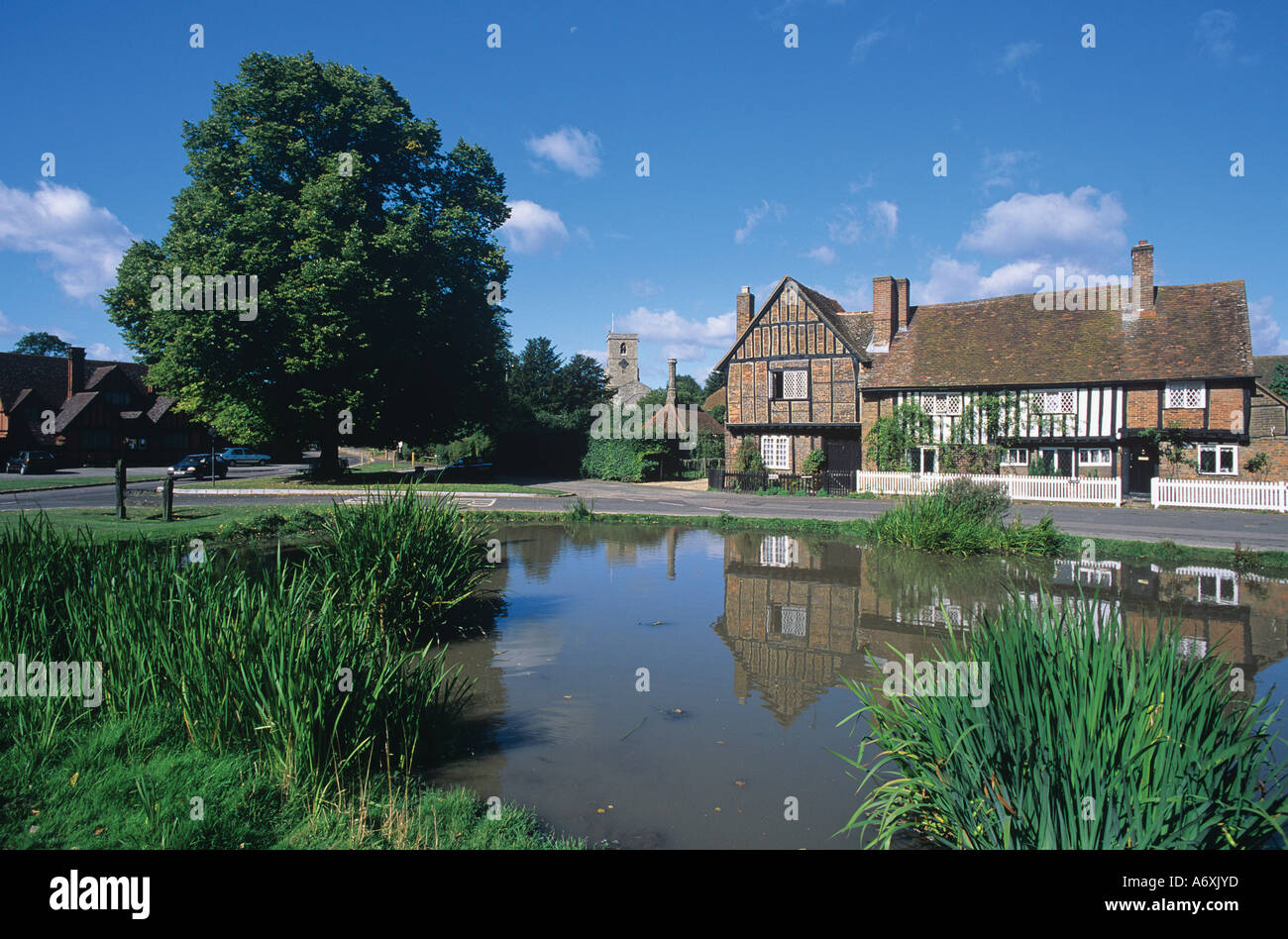 Aldbury Hertfordshire Ententeich mit The Manor House und das alte Dorf-Aktien Stockfoto