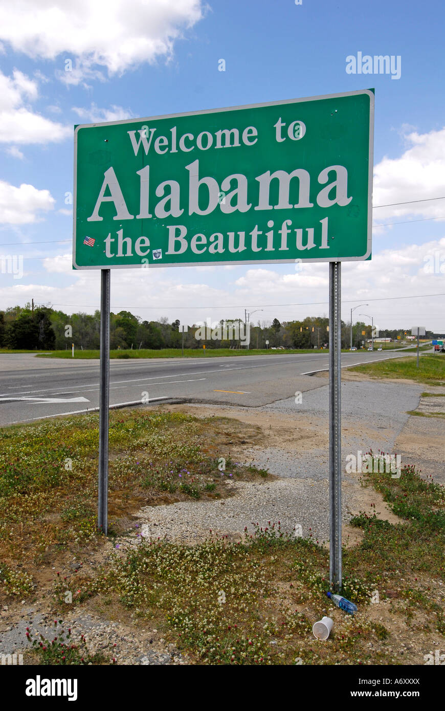 Herzlich Willkommen Sie in Alabama das schöne Schild an der Staatsgrenze Gruß Besucher im Bundesstaat Alabama Stockfoto