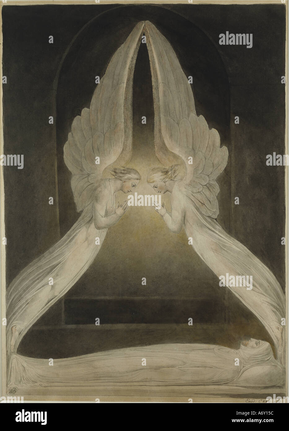 Die Engel schwebt über den Leib Christi in das Grab von William Blake. England, spätes 18. Jahrhundert. Stockfoto