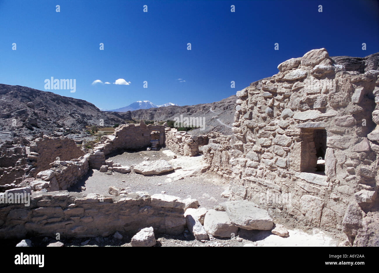 Pukara de Lasana archäologische Ruinen im Valle De La Lasana N Chile Lickanantai Kultur aufgegeben in 1540 beliebtes Ausflugsziel Stockfoto