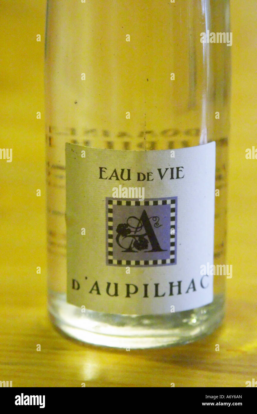 Eau De Vie weiße Weintrauben. Domaine d'Aupilhac. Montpeyroux. Languedoc. Frankreich. Europa. Flasche. Stockfoto