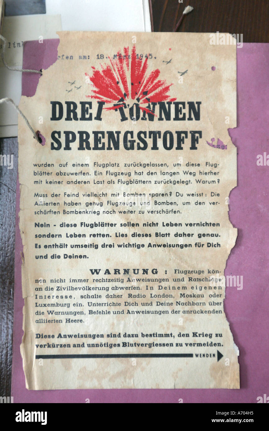 Mannheim, DEU, 17.03.2005, Merkblatt der Alliierten abgesetzt am Ende des 2. Erster Weltkrieg Stockfoto