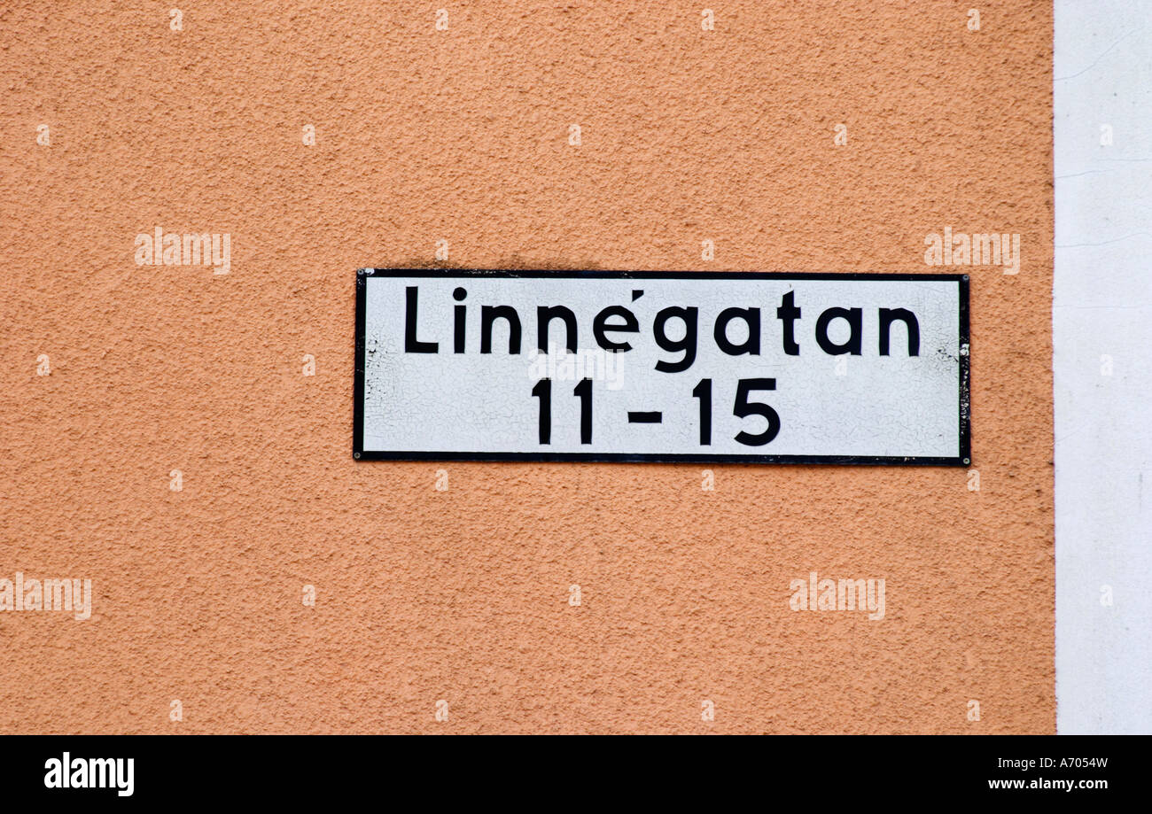 Eine Straße benannt nach Carl von Linné Linné Linne, Linnégatan. Vaxjo Stadt. Smaland Region. Schweden, Europa. Stockfoto