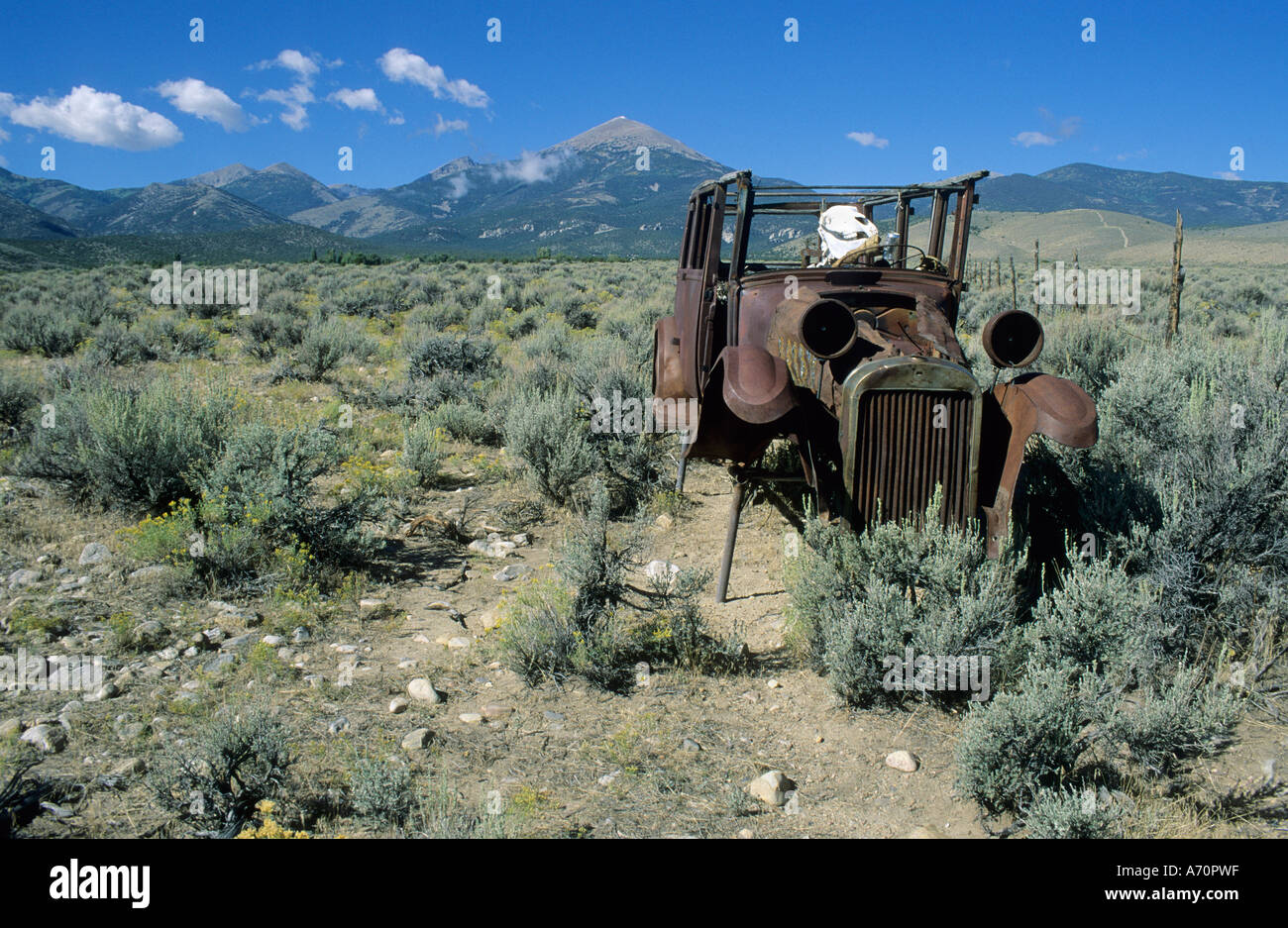 Niedrem Kunst, Webauftritts mit Droptargets sitzen in einem rostigen Auto, Nevada, USA Stockfoto