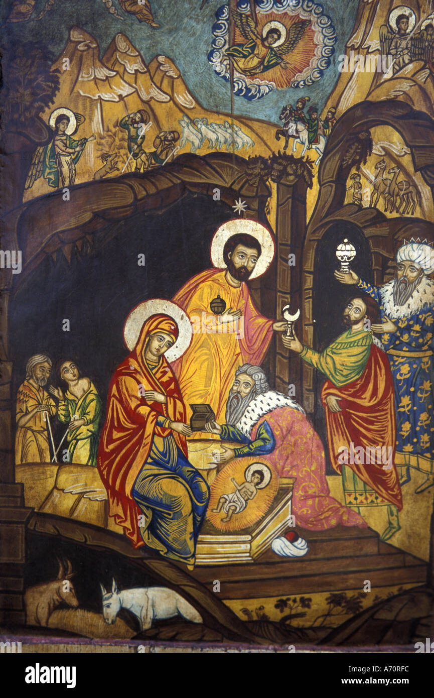 Europa, Bulgarien. Drei Könige am Christi-Geburtskirche, bulgarische traditionelle sakrale Kunststil. Stockfoto