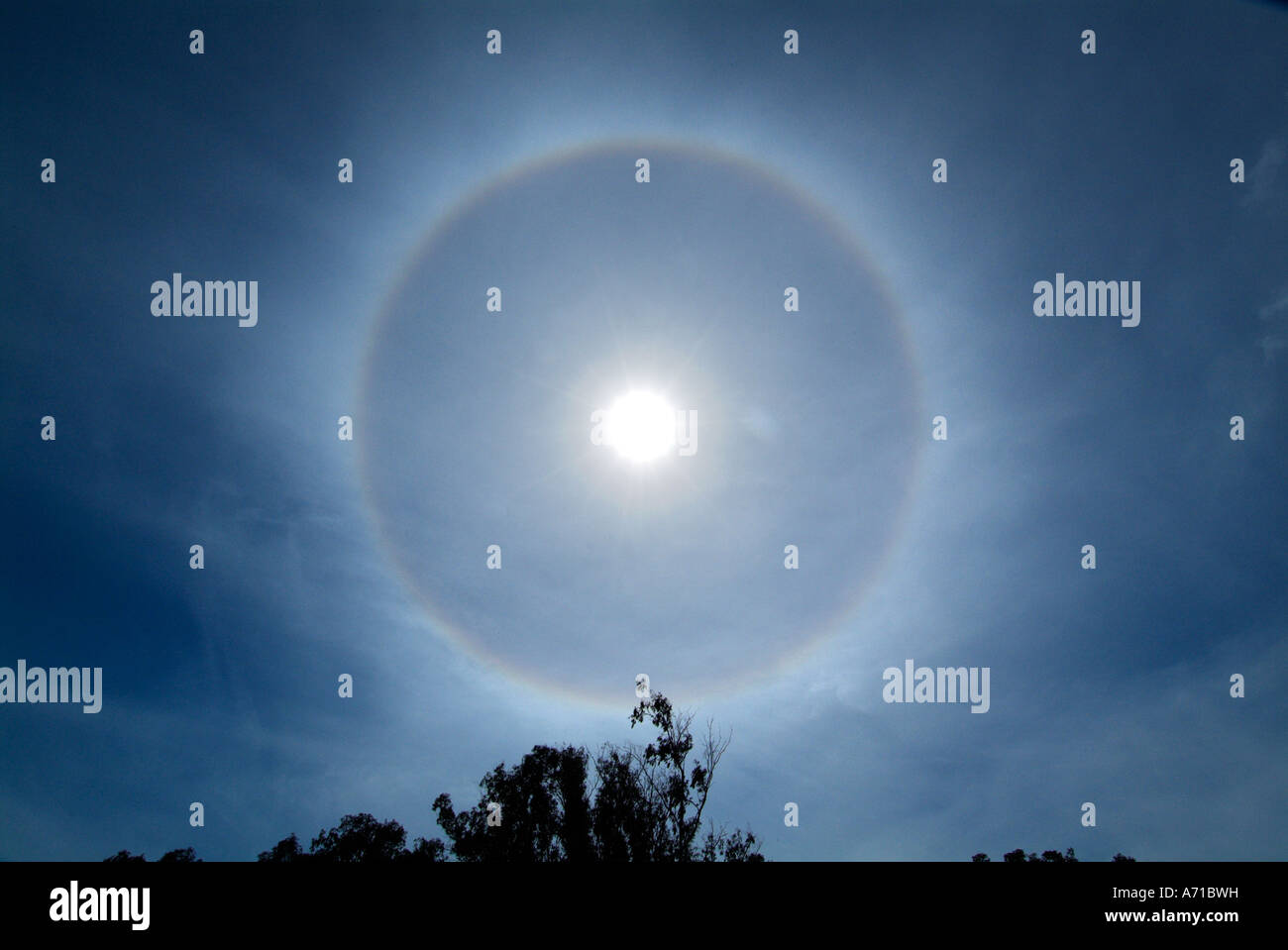 Solar Halo hell leuchtenden Kreis kreisförmige Brechung brechen das gebrochene Licht Lighting Eiskristalle Partikel Mitte Tag Regenbogen p Stockfoto