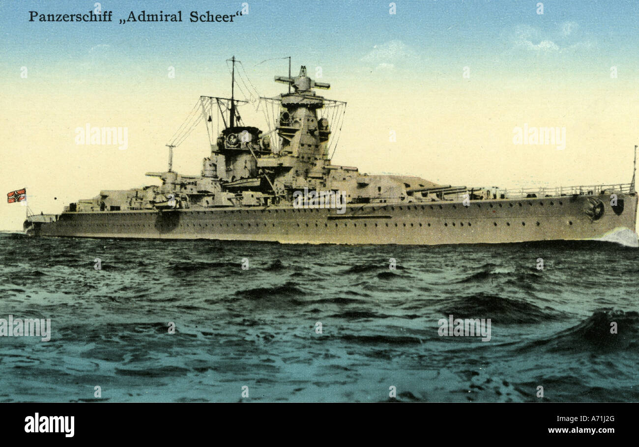 Transport/Transport, Navigation, Kriegsschiffe, Deutschland, schwerer Cruiser "Admiral Scheer", beauftragt 1934, versenkt 1945, farbige Postkarte, 1930er Jahre, Stockfoto