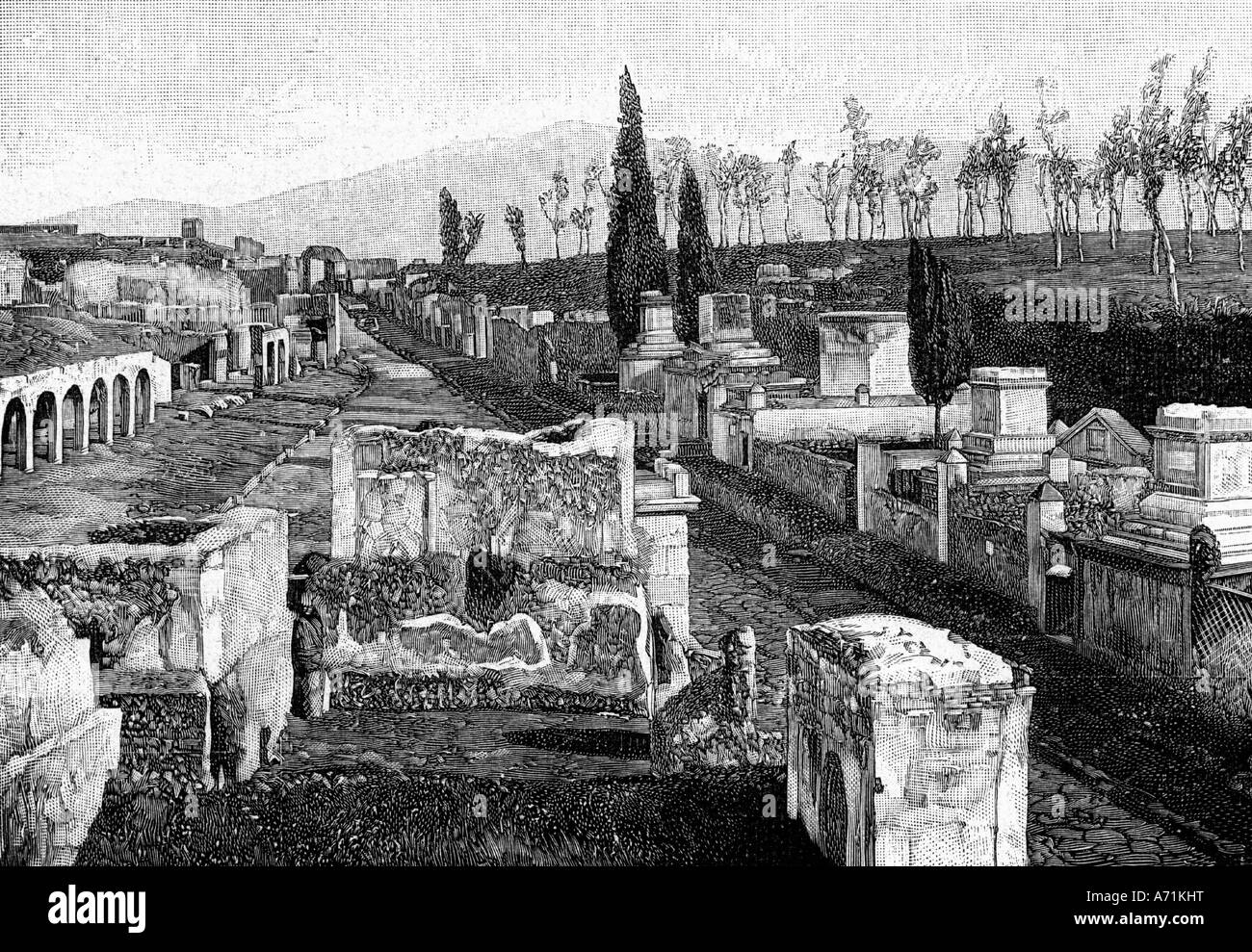 Geographie/Reise, Italien, Pompeji, Archäologie, Grabstraße vor dem herculaneischen Tor, Gravur nach der Fotografie, 19. Jahrhundert, historisch, historisch, Europa, Todeskultur, Gräber, Friedhof, Friedhof, Ausgrabung, UNESCO, Weltkulturerbe, Pompeji, Pompej, Stockfoto
