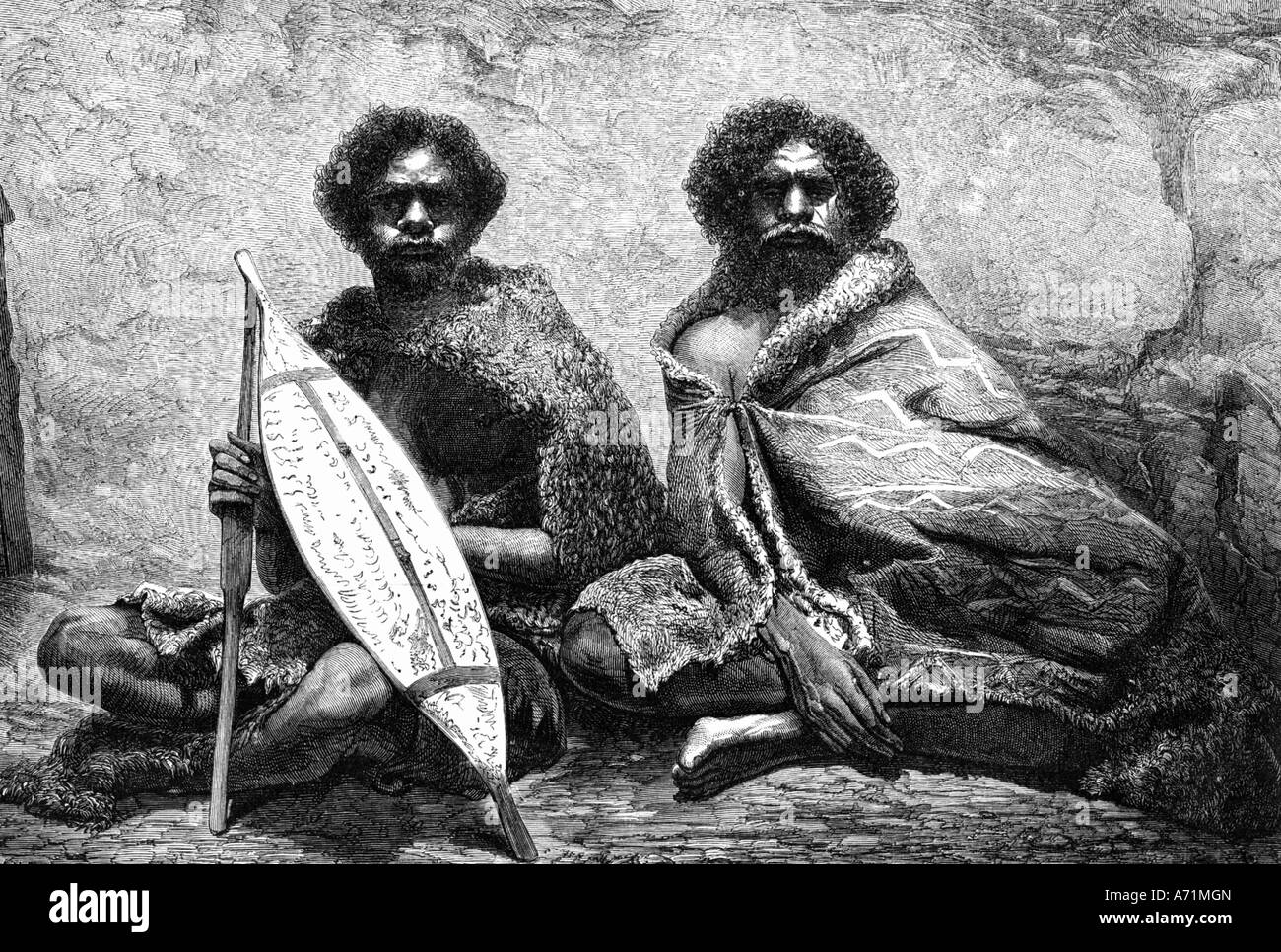 Geographie/Reise, Australien, Menschen, Ureinwohner, zwei Männer, volle Länge, sitzend, aus Victoria und Tasmanien, Gravur, 1861, Stockfoto
