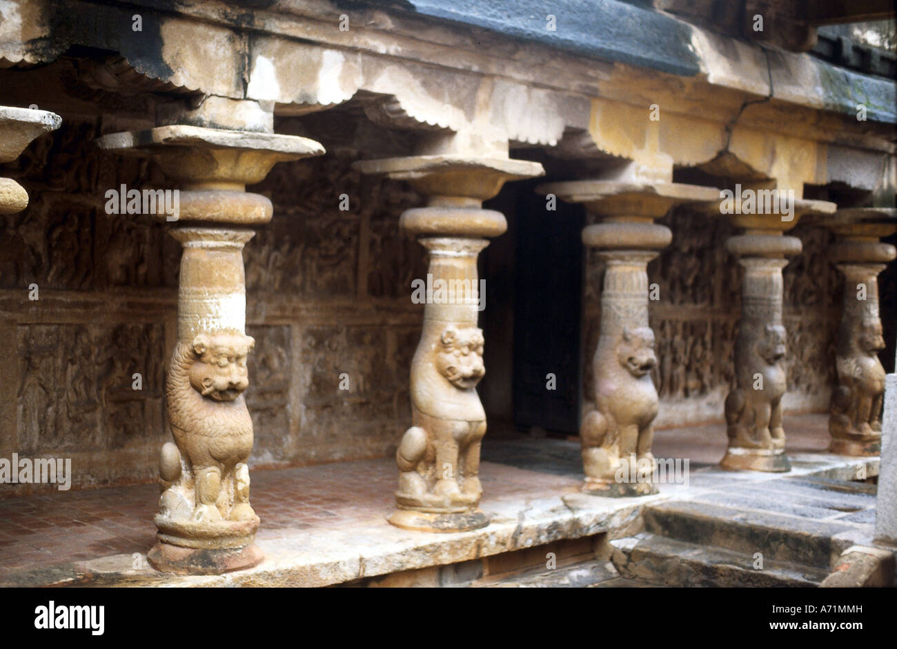 Geographie/Reise, Indien, Kanchipuram, Tamil Nadu, Hauptstadt der Pallava-Dynastie, 3. - 8. Jahrhundert n. Chr., Sri Varadaraja Perumal-Tempel, Säulenfront im Hof, heilige Stadt der Hindus, Religion, hinduismus, Bildende Künste, indische Architektur, Säulen, Löwen, Löwe, Tier, historisch, historisch, alt, Tierdarstellung, 20. Jahrhundert, Stockfoto