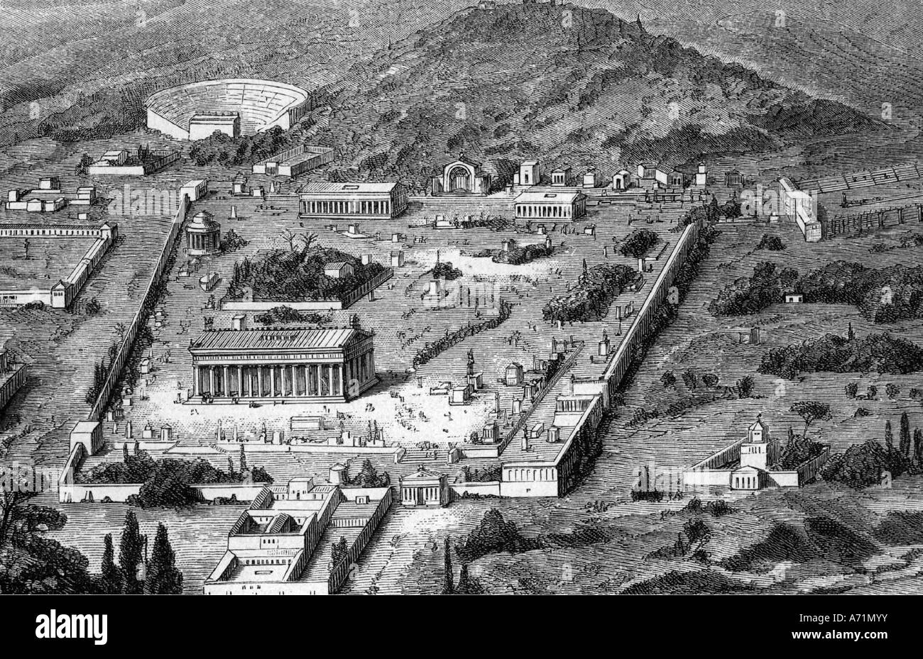 Geographie/Reise, griechenland, Olympia, alte Welt, heiliger Bezirk, Rekonstruktion durch Prof. Müller, Gravur, 19. Jahrhundert, historisch, historisch, Europa, Theater/Theater, Philippeion, Zeustempel, Pelopion, Hereion, Exedra, Kronos Hügel, Schatzhäuser, Metroon, Stadion, Elis, Messegelände, Muller, Mueller, alte Welt, Menschen, Stockfoto