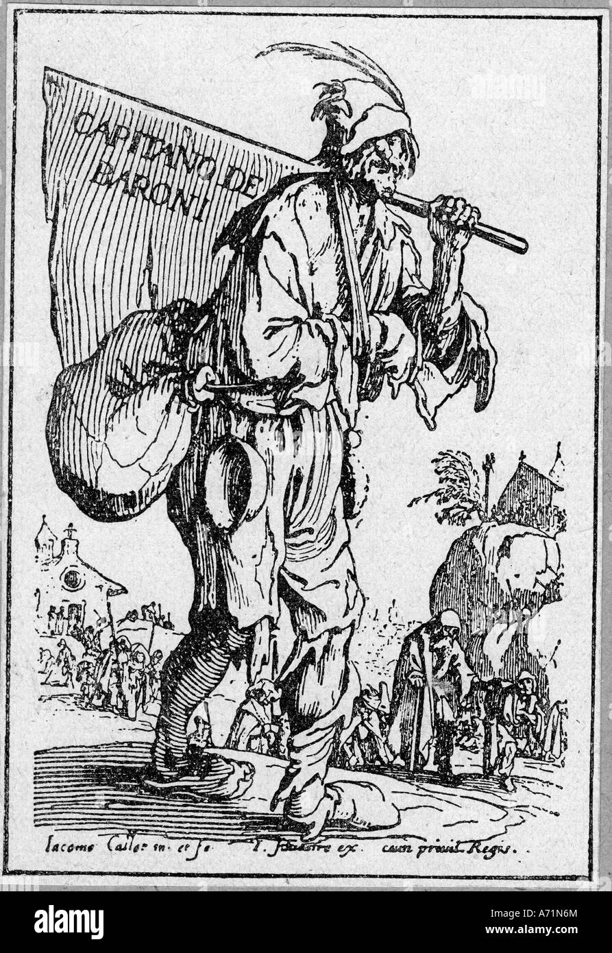 Menschen, Elend/Widrigkeiten, Tramp während des Dreißigjährigen Krieges (1618 - 1648), Gravur von Jacques Callot (1592 - 1635), Stockfoto