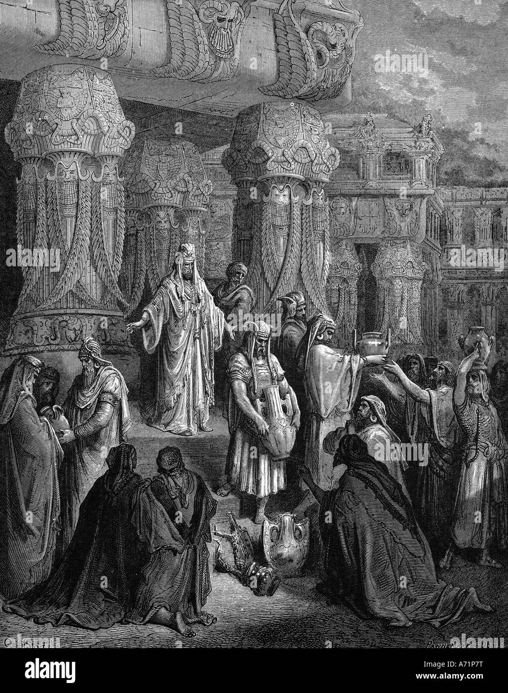 Religion, biblische Szenen und der König Kyrus zurück geben die Gläser des Tempels, Gravur von Gustave Dore (1832 - 1883), aus dem 19. Jahrhundert, Religion, Altes Testament, Buch Esra, Exodus der Juden aus der babylonischen Gefangenschaft,, Artist's Urheberrecht nicht gelöscht werden Stockfoto