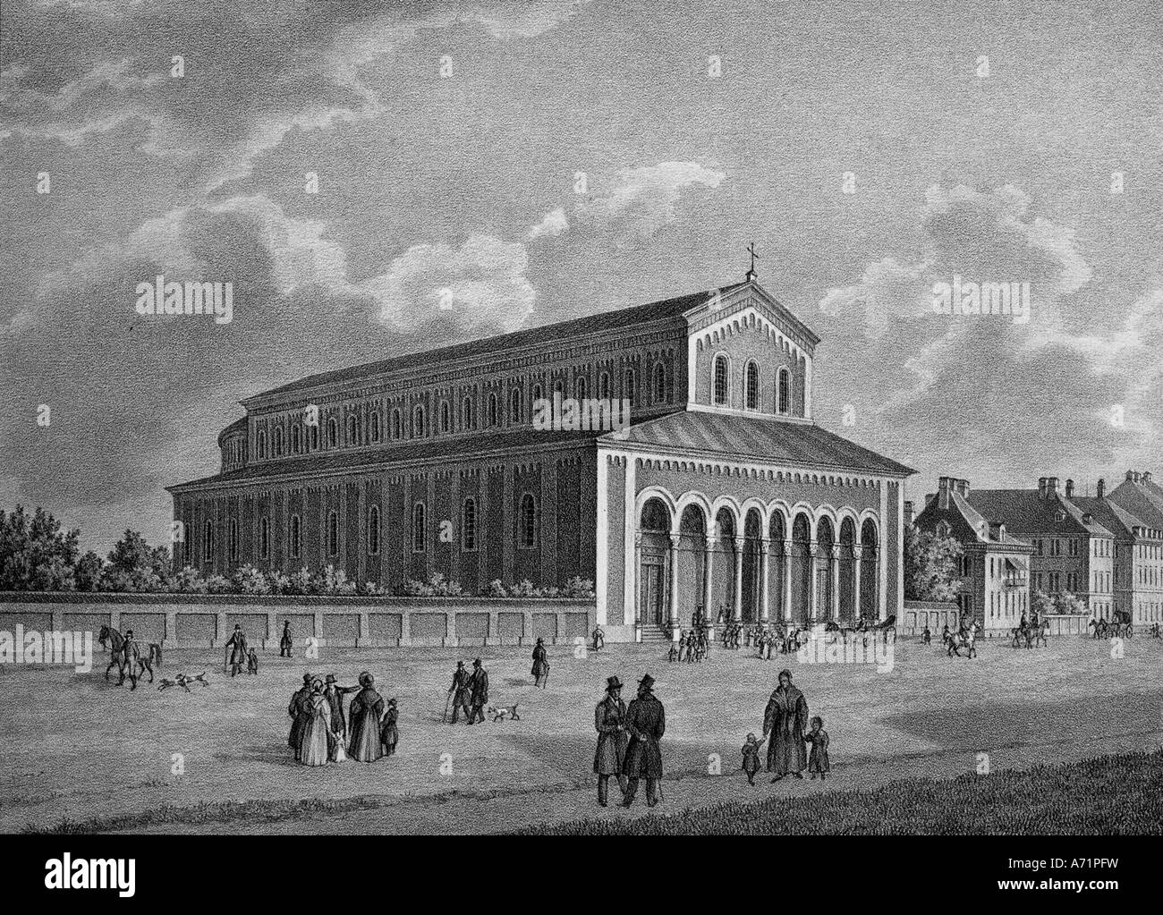 Geographie/Reise, Deutschland, München, Kirchen, St. Bonifaz, (erbaut von 50-1'er), Karlsstraße, lithograph, Mitte des 19. Jahrhunderts, historisch, Bayern, Europa, Religion, katholisches Pfarrheim, Pfarrkirche, benediktion, erbaut von Georg Friedrich Ziebland, Karlsstraße, Karlstraße, Karlstraße, München, Muenchen, Architektur, Gebäude, Gebäude, Menschen, Stockfoto