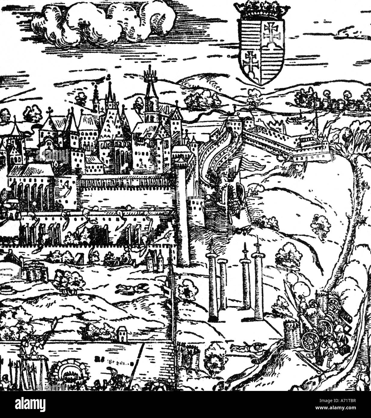 Geographie/Reise, Ungarn, Budapest, Bezirk Buda, mit Burg, spätem 15. Jahrhundert, Holzschnitt, historisch, historisch, Europa, Festung, Hauptstadt des Königreichs Ungarn, Burghügel, abgeschlossen unter Matthias Corvinus (1458 - 1490), Hunyadi, Wappen, Kanone, Schießen, Belagerung, Mittelalter, Menschen, Stockfoto