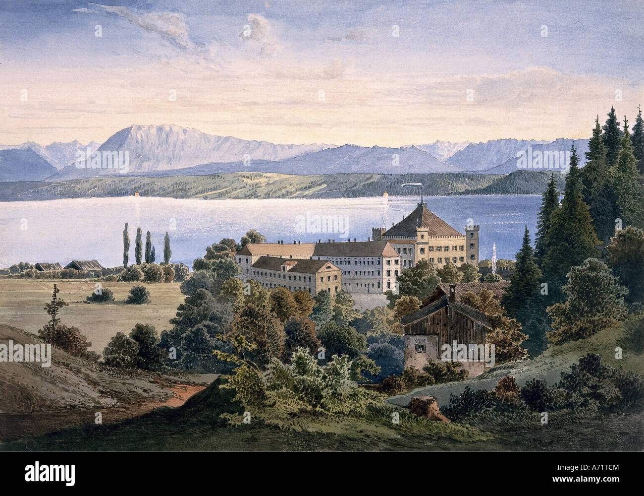 Geografie/Reisen, Deutschland, Bayern, Burgen, Schloss Possenhofen am Starnberger See, Westansicht, Malerei, 19. Jahrhundert, historisch, Oberbayern, 1834 von Maximilian Joseph Herzog in Bayern, Geburtsort der Kaiserin Elisabeth von Österreich (Sissi) und okulistischer Herzog von Karl Theodor, Charles Theodore, Elizabeth, Seen, Berge, Landschaft, Stockfoto