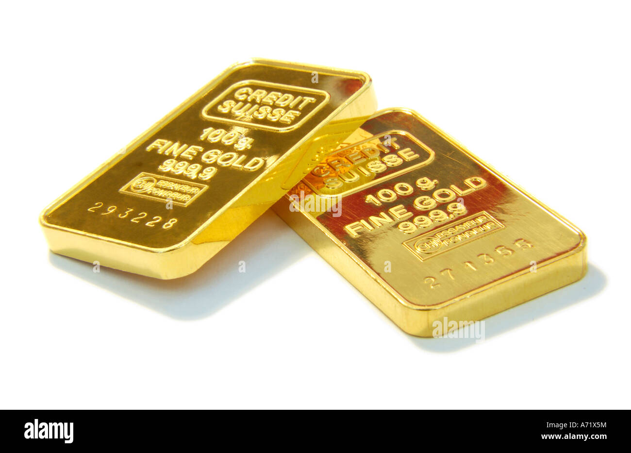 Nahaufnahme von zwei 100 Gramm schwere solide Goldbarren Schweizer Firma Credit Suisse Stockfoto