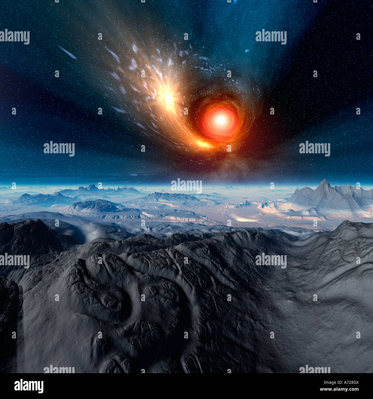 Computer Illustration ein Wurmloch schlucken einen Stern.  Alien, karge Landschaft im Vordergrund. Stockfoto