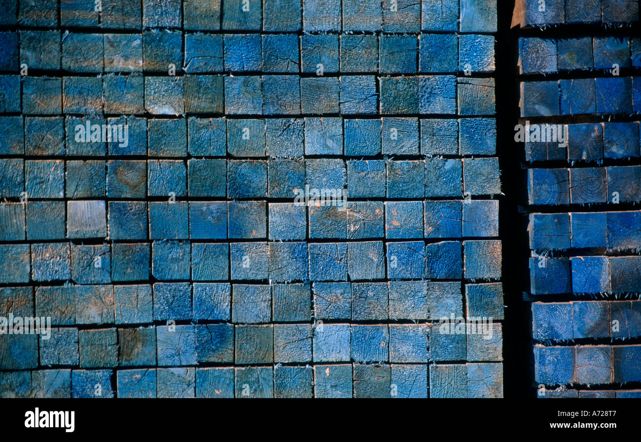 Mustern, gebildet durch die Enden der blau gefärbten Holzstücke in einem Stapel Stockfoto