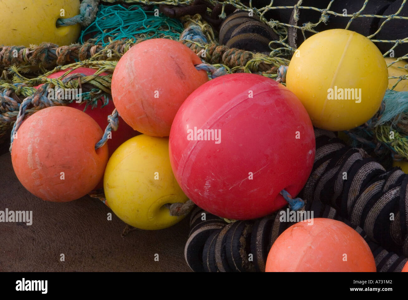 Fischernetze, Bojen und schwimmt auf Dockside in Banff, Nordosten Schottlands. Stockfoto