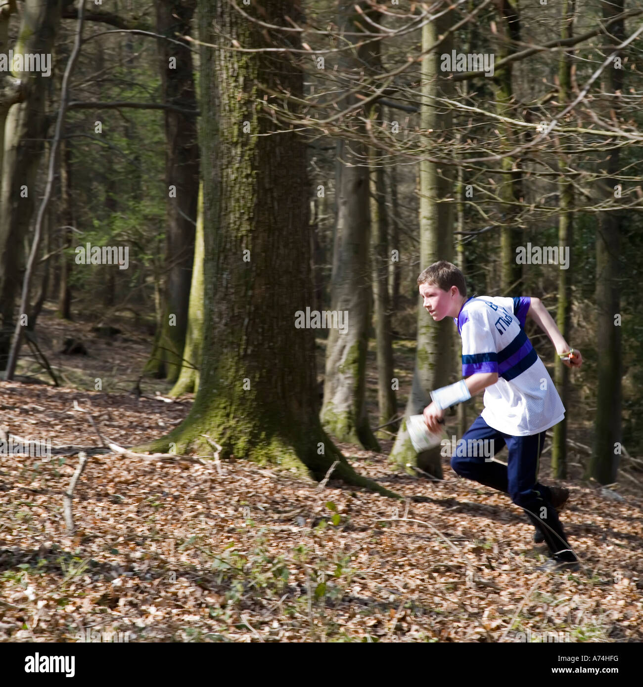 Junge im Wald laufen, während OL Forest of Dean UK Stockfoto