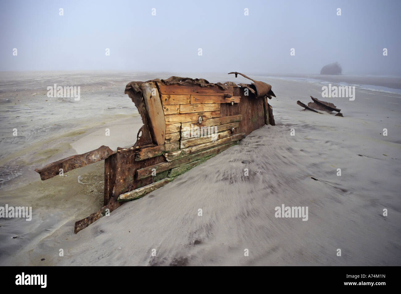Schiffswracks im Küstennebel auf Skeleton Coast Namiba Stockfoto