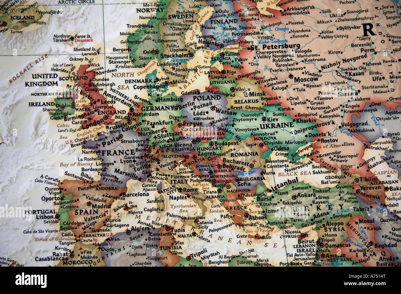 Eine Nahaufnahme von Europa und dem Nahen Osten von einer hohen Qualität, detaillierte Weltkarte. Stockfoto