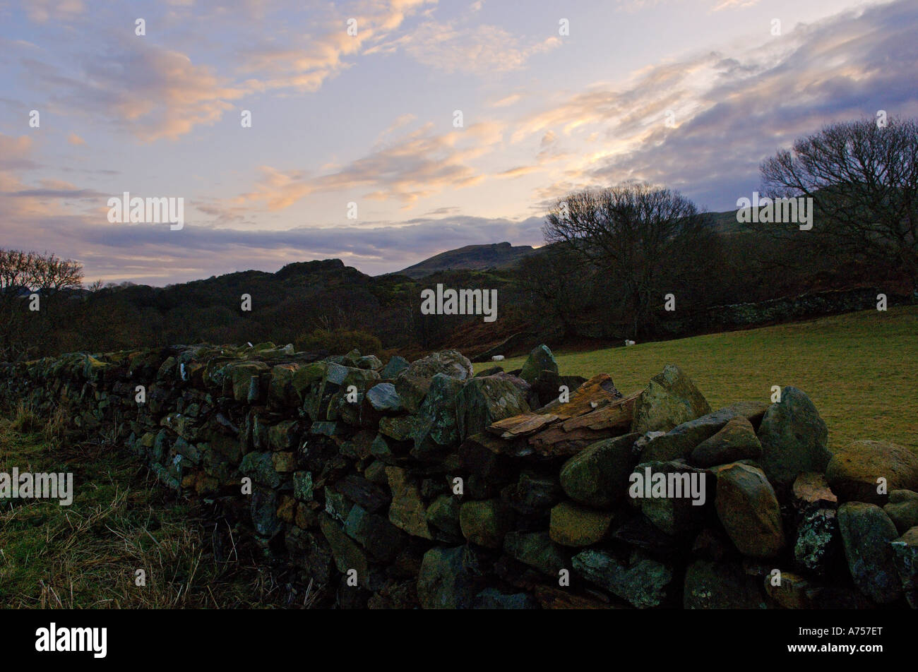 Trockenmauer bei Sonnenaufgang Wales UK Stockfoto