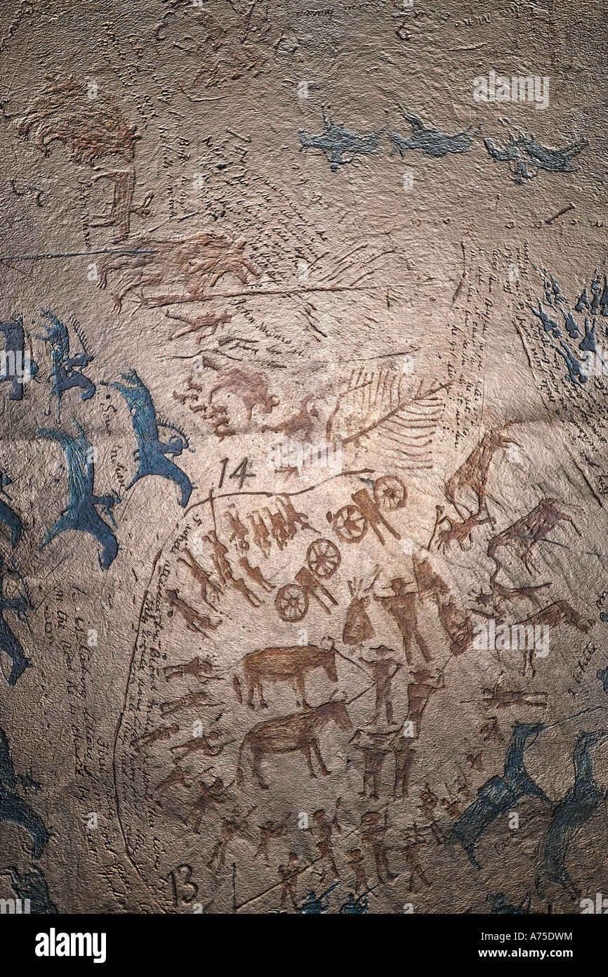 Native American Cave Zeichnung antike Kunst und Kultur stilisiert mit digitaler Kunst im Collage Stockfoto
