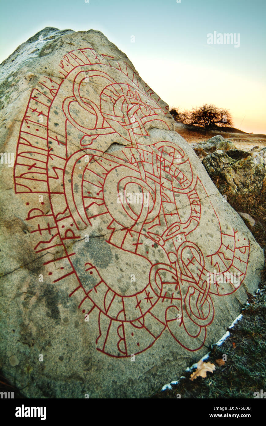 Runenstein auf Adelso Insel im Großraum Stockholm Schweden Stockfoto
