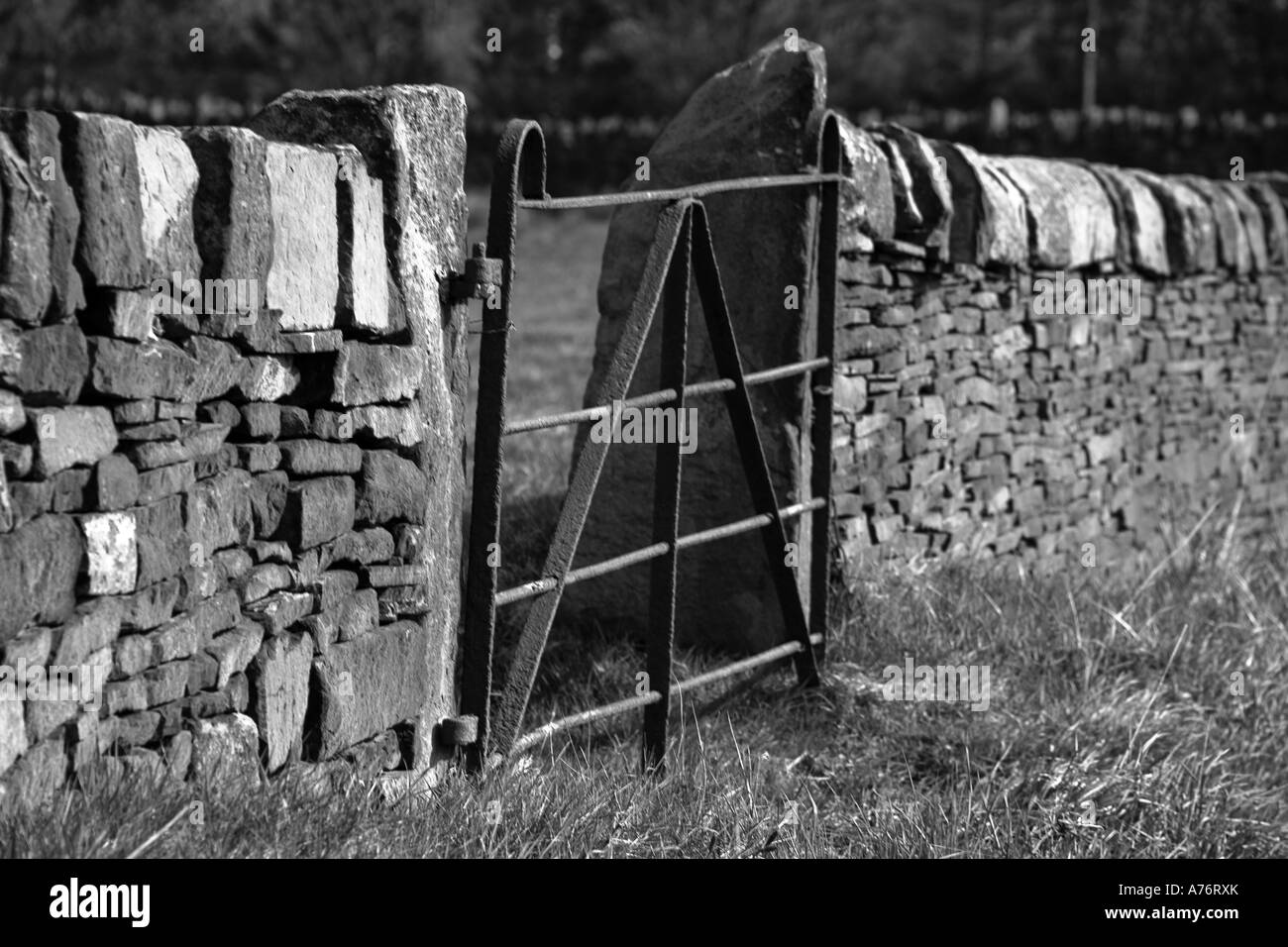 Bauernhof Feld schmiedeeisernes Tor und trockenen Stein Wand in schwarz / weiß West Yorkshire Pennines UK Stockfoto
