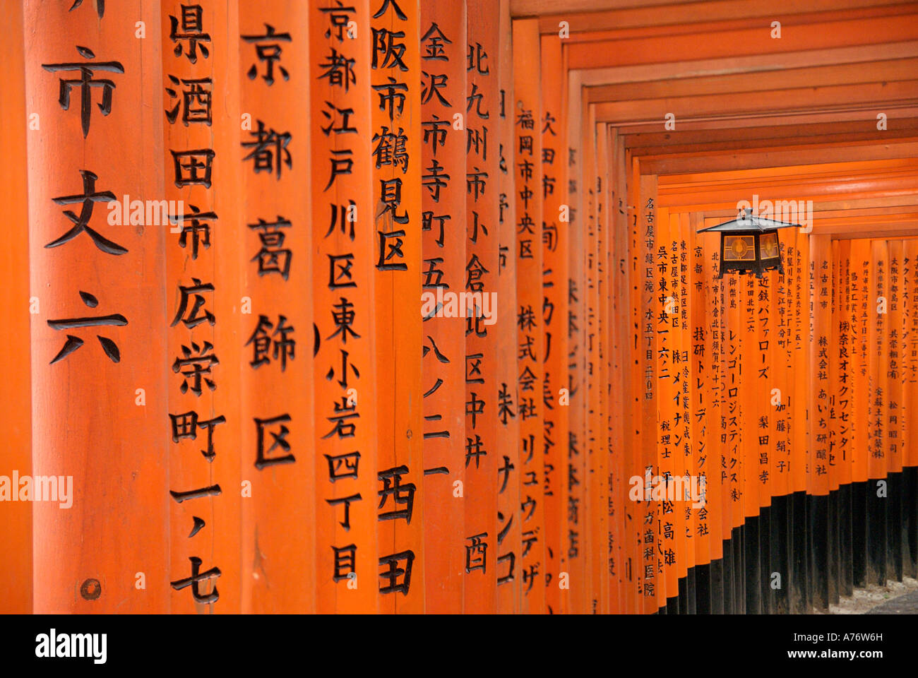 Orange lackiert Torii-Tore im Fushimi Inari-Taisha Schrein in Kyoto Japan hängende Laterne mitten in Kanji geschrieben Beiträge Stockfoto