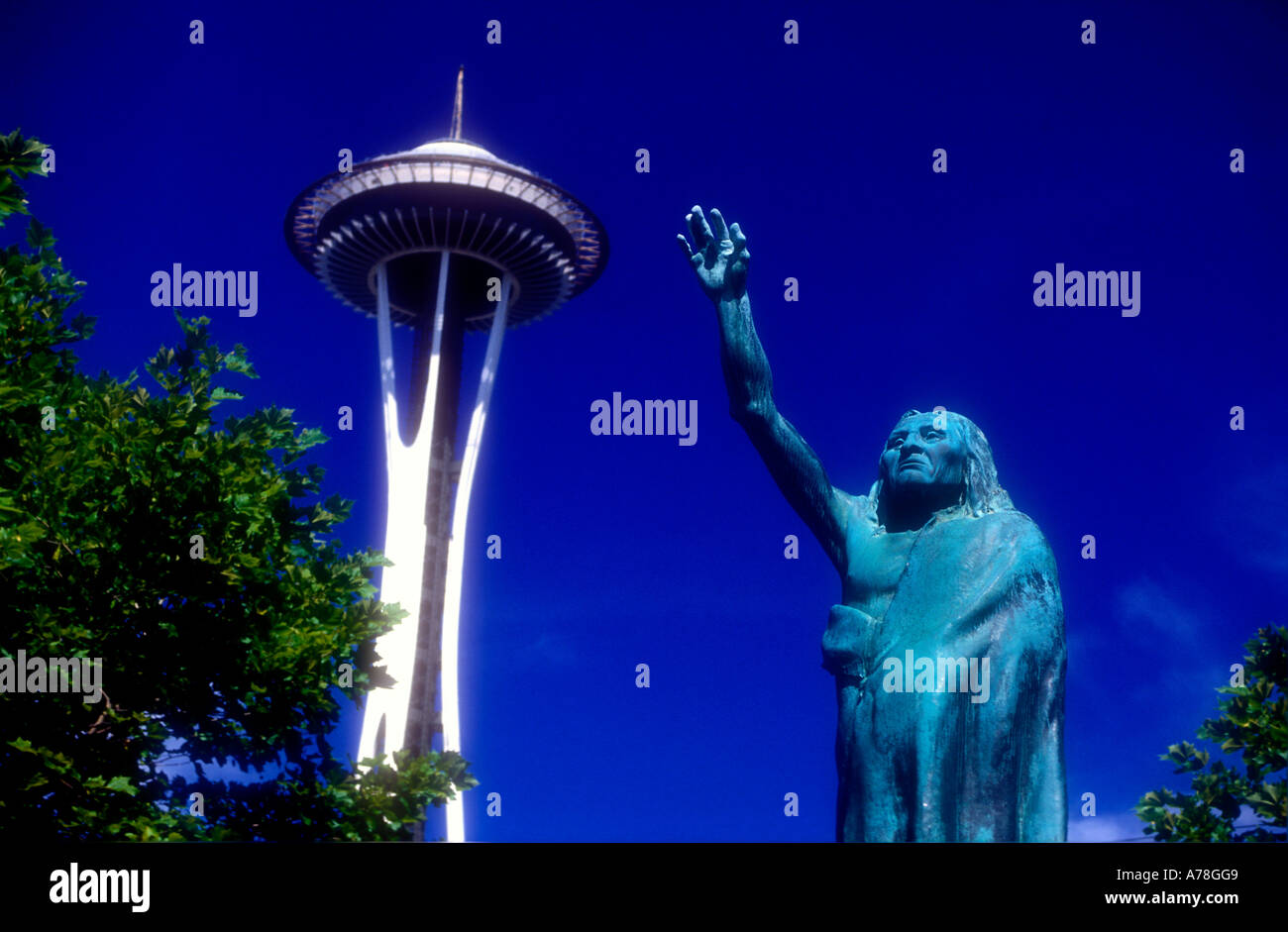 Chief Seattle und der Seattle Space Needle. Washington-USA Stockfoto