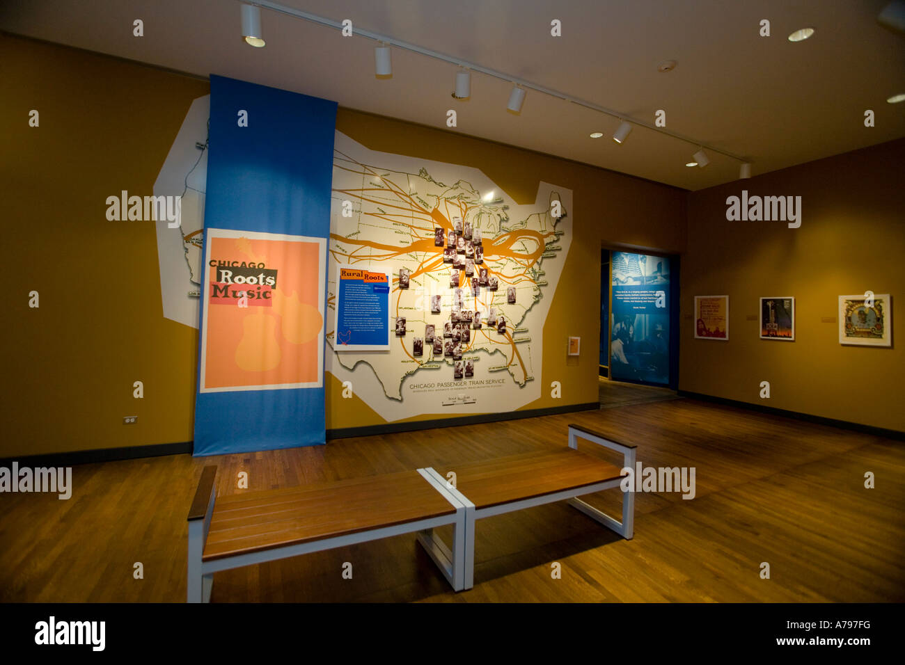 CHICAGO Illinois Interieur der Chicago Historical Society Museumsgeschichte der Musik in Altstadt Nachbarschaft Bank anzeigen Stockfoto