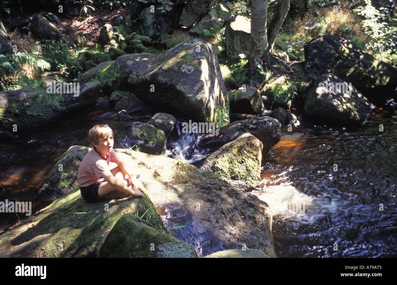 Kleiner Junge sitzt auf sonnenbeschienenen Rivelin Valley Sheffield South Yorkshire England UK Stockfoto
