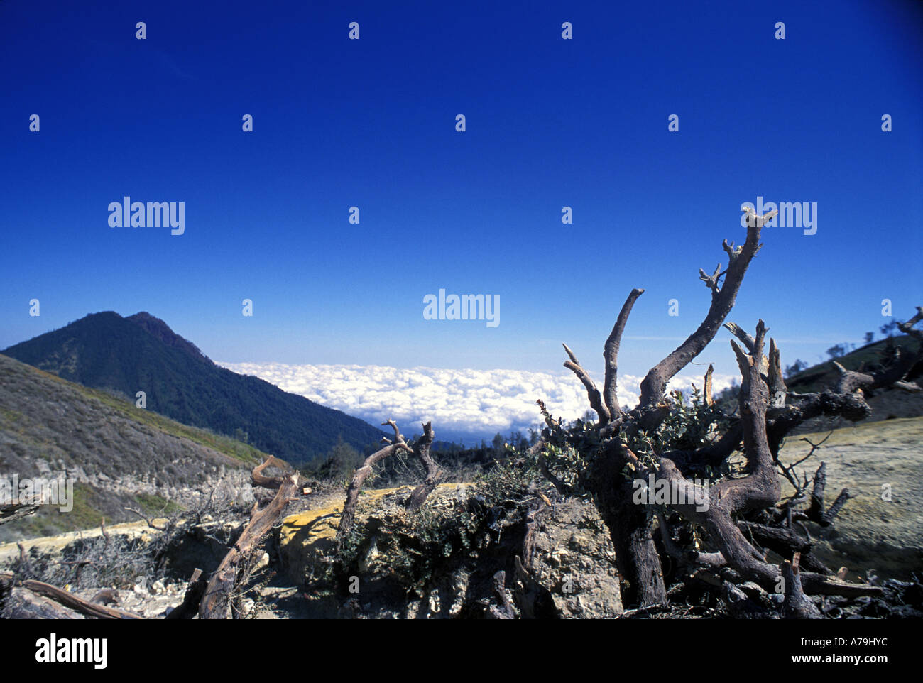 Aussicht vom Gipfel des Gunung Ijen einen aktiven Vulkan, aus dem Schwefel abgebaut, Ost Java-Indonesien Stockfoto