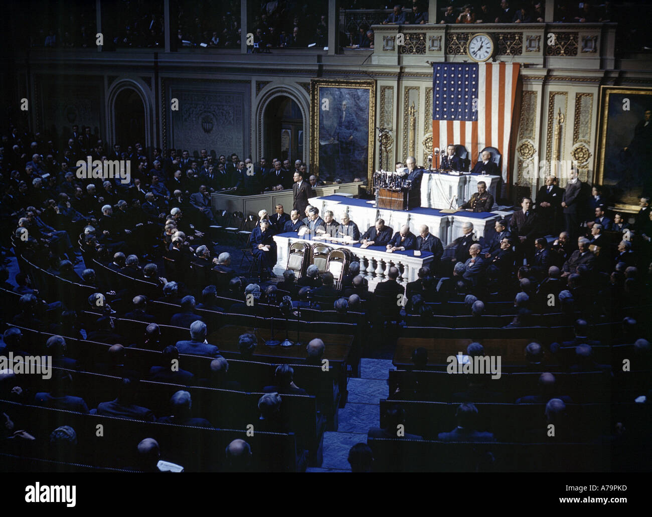 Präsident ROOSEVELT verkündet, dass Amerika im Krieg mit Japan im Dezember 1941 Stockfoto