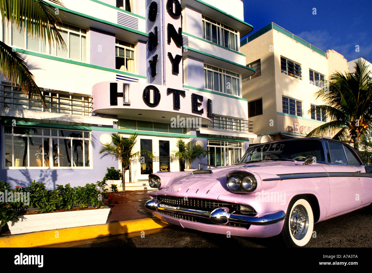 Art Deco Historic District Ocean Drive Florida Café Restaurant Bar Hotel in Miami Beach Stockfoto
