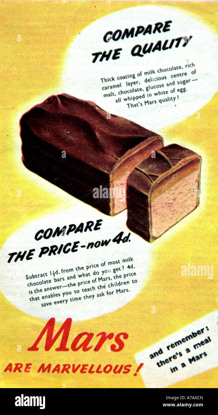 Mars-Riegel Werbung 1960 nur zur redaktionellen Nutzung Stockfoto