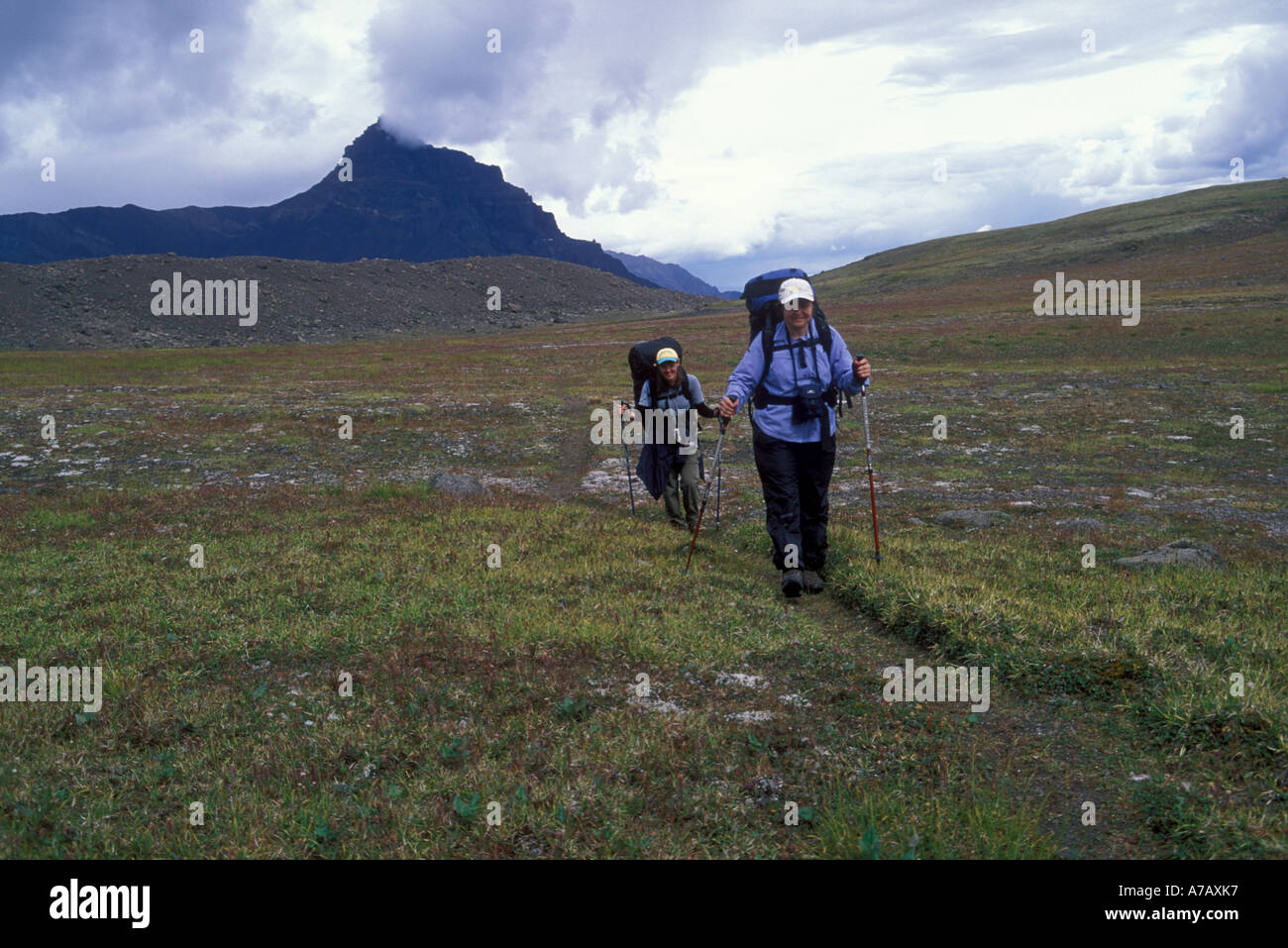 Backpacker auf The Goat Trail zu Fuß bis zum Chitistone Pass Wrangell St. Elias Nationalpark Alaska Stockfoto