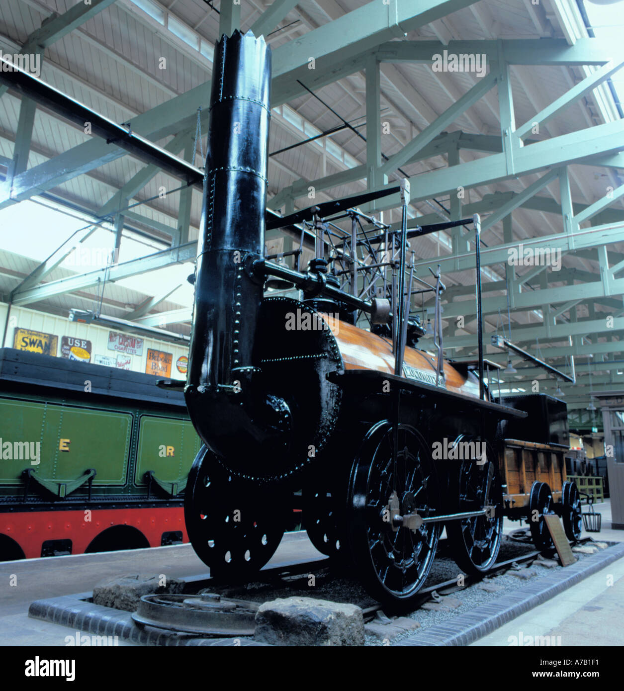 George Stephensons Eisenbahn Motor "Fortbewegung", Railway Centre, Darlington, County Durham, England, UK. Stockfoto