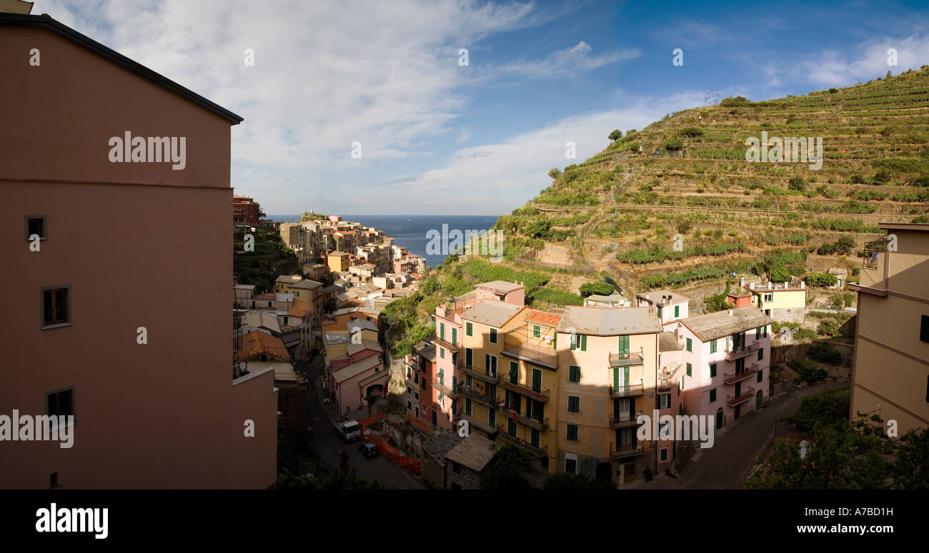 Umgeben von Weinreben und Zitronenbäumen, die die berühmten Weine produzieren und Limoncello-Getränke, die Manarolla auf das Meer blickt Stockfoto