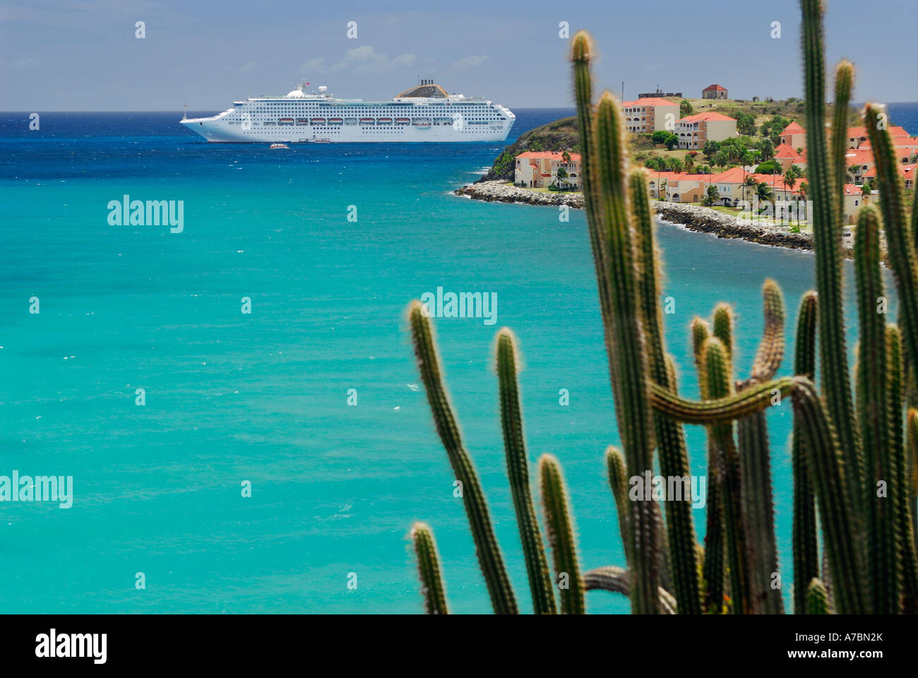 Türkisfarbenes Wasser des großen Bay St. Maarten mit Kreuzfahrt-Schiff und hohen Kakteen Niederländische Antillen-Karibik-Insel Stockfoto Türkisfarbenes Wasser des großen Bay St. Maarten mit Kreuzfahrt-Schiff und hohen Kakteen Niederländische Antillen-Karibik-Insel Stockfoto