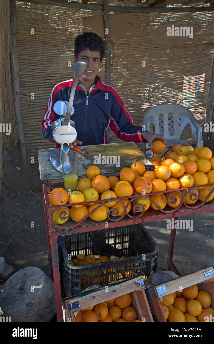 Junge stand quetschen frische Orangen Saft an einem Straßenrand machen, Marokko, Nordafrika Stockfoto