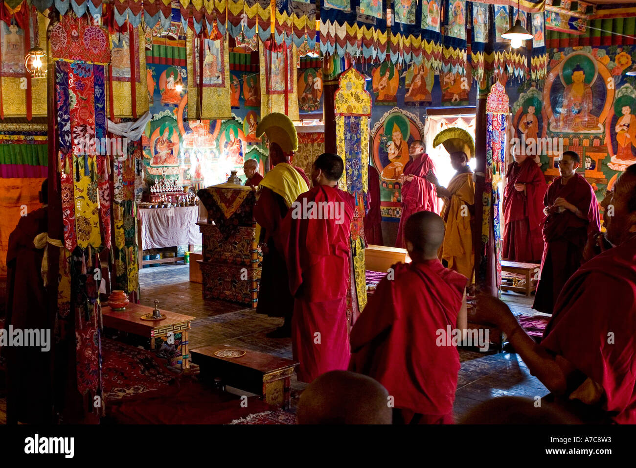 Junge Mönche und Mönche des Gelupa--Ordens während der Puja - Likir Gompa - Ladakh - indischen Himalaya Stockfoto