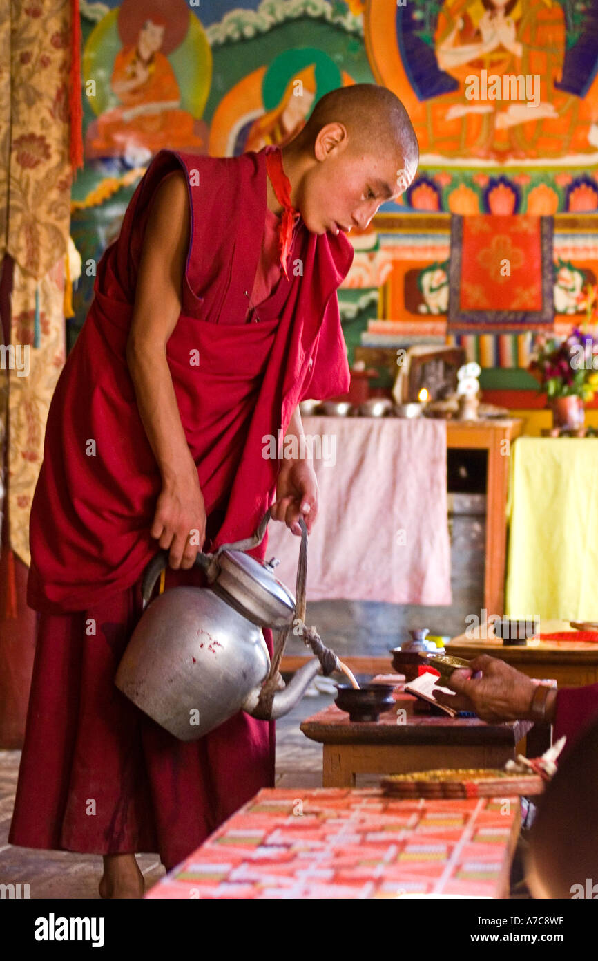 Junge Mönche und jungen Mönch Läuterung Tee während der Zeremonie - Ladakh - indischen Himalaya Stockfoto