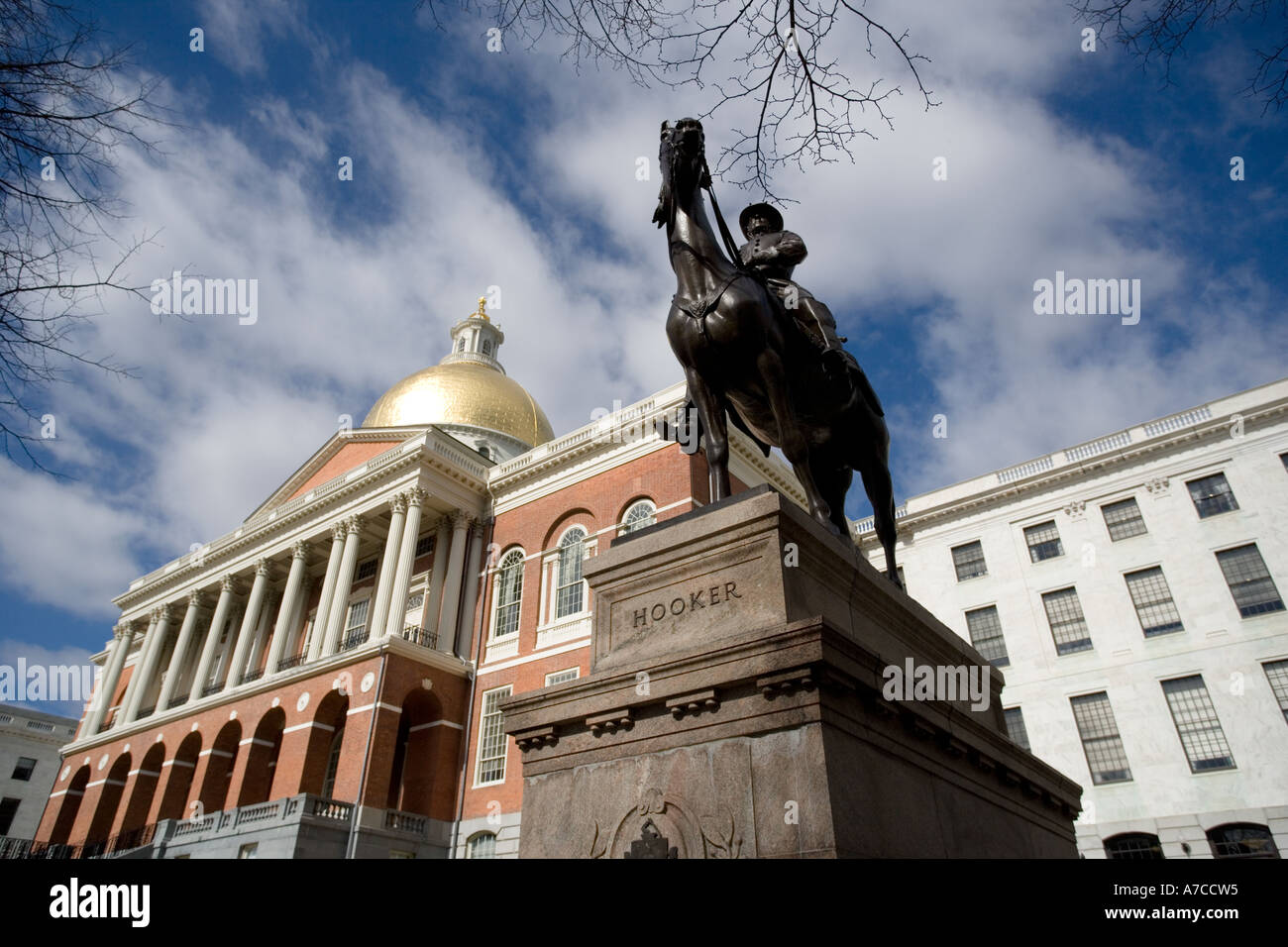 Massachusetts State House Boston Ma Bürgerkrieg General Hooker auf Pferd mit Capitol Stockfoto