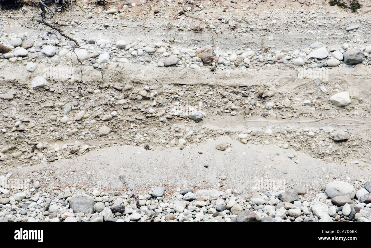 Erosion-Schichten von Sand Erde und Kies am Flussufer Stockfoto