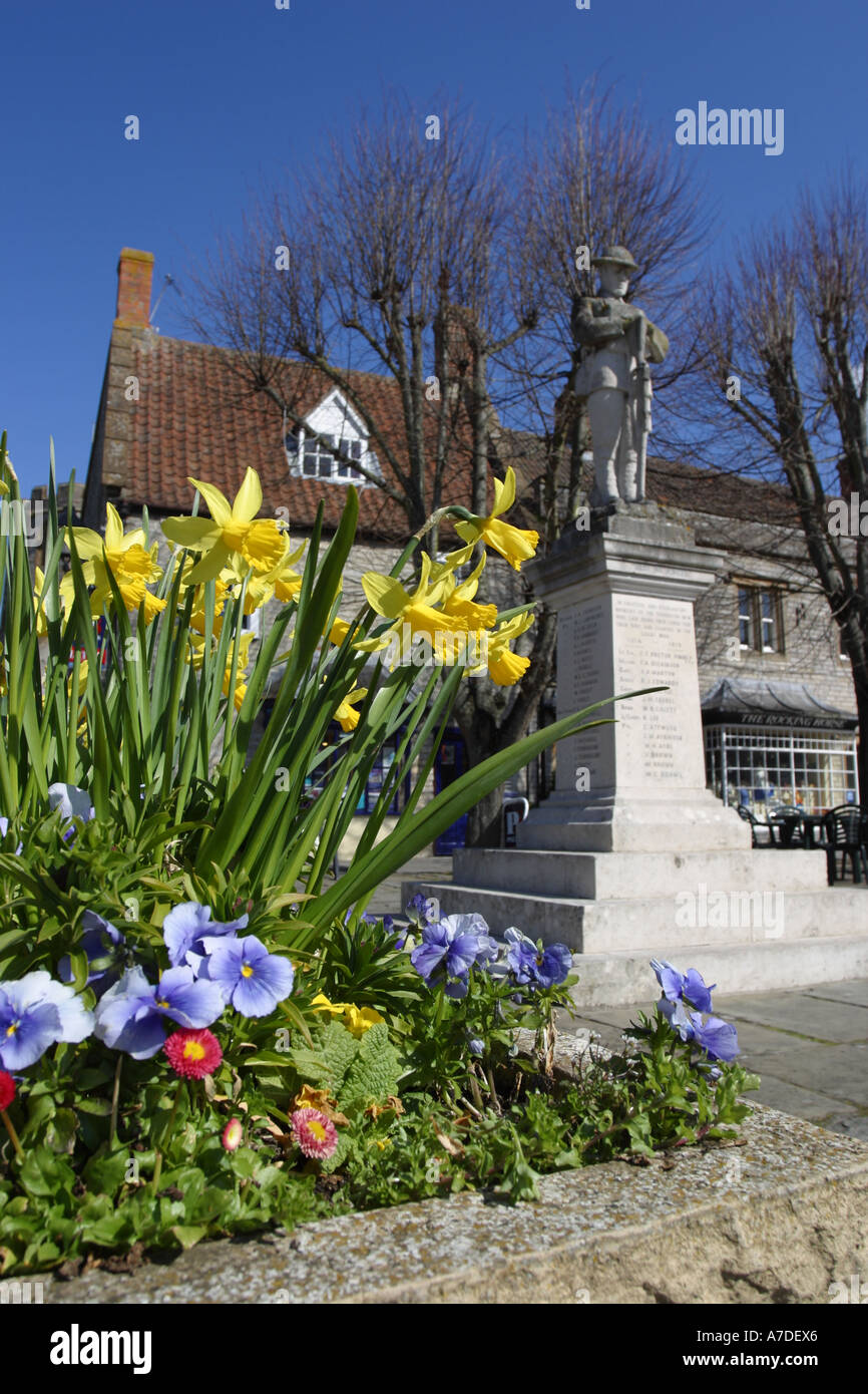 Somerton Somerset England Kriegerdenkmal auf dem Marktplatz mit Frühlingsblumen Stockfoto
