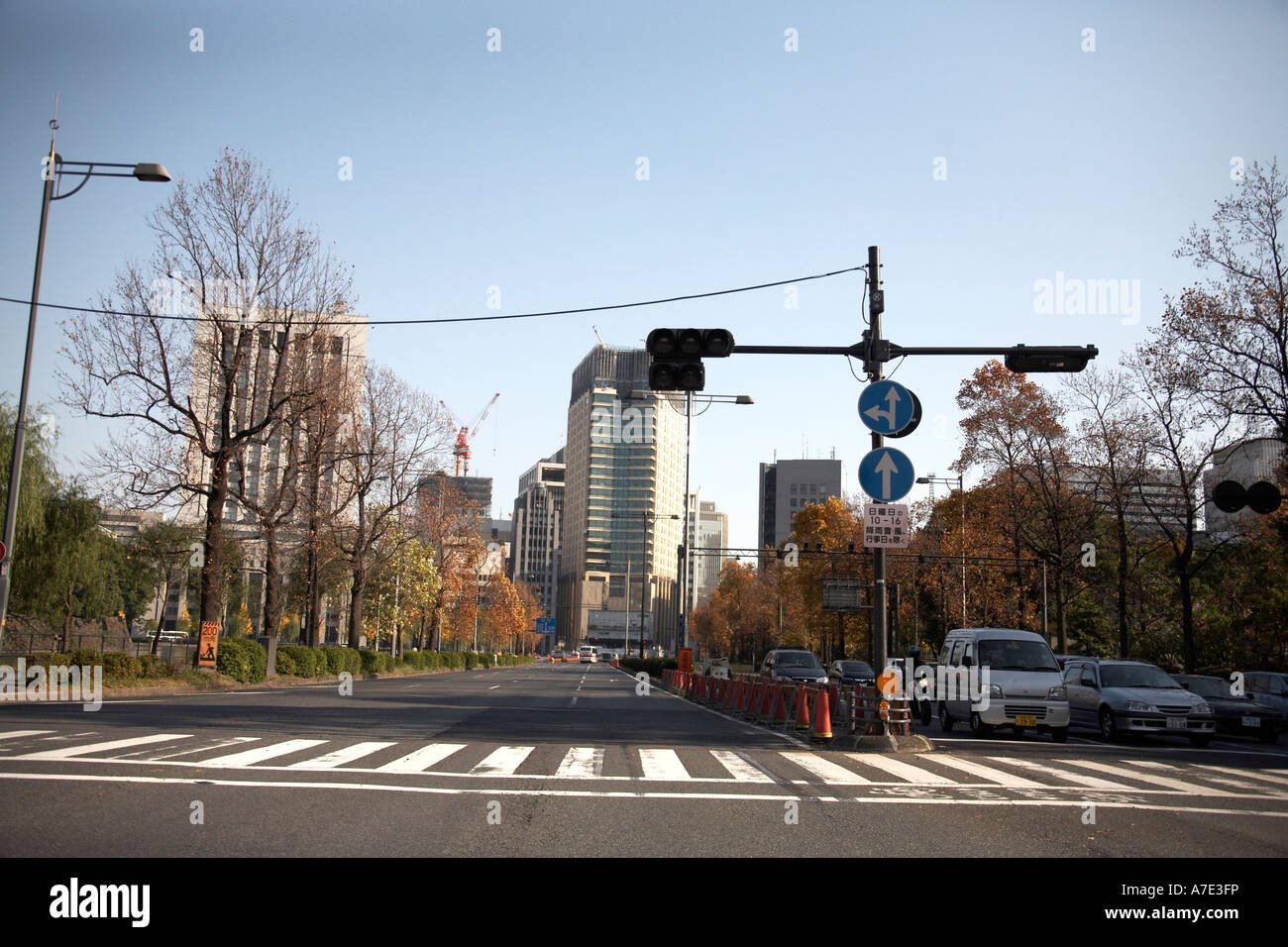 Hoch moderne kommerzielle Büro Hochhaus Gebäude Herbst Bäume Ampel Uchibori Dori Avenue in der Innenstadt von Tokio Stockfoto